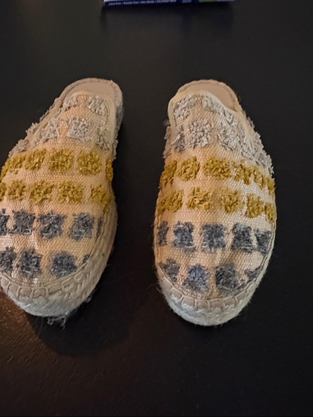 Treasure & Bond Beige Espadrille Slip-Ons with Yellow and Gray Tufted Accents